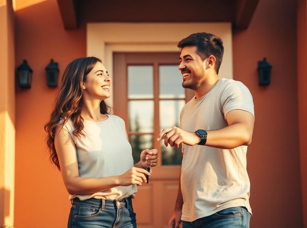 Casal sorrindo com as chaves da casa nova